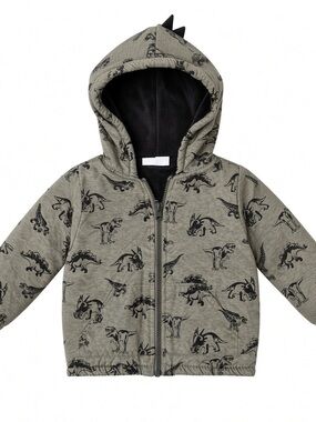 Kids Olive Green Dinosaur-Print Hooded Puffer Jacket